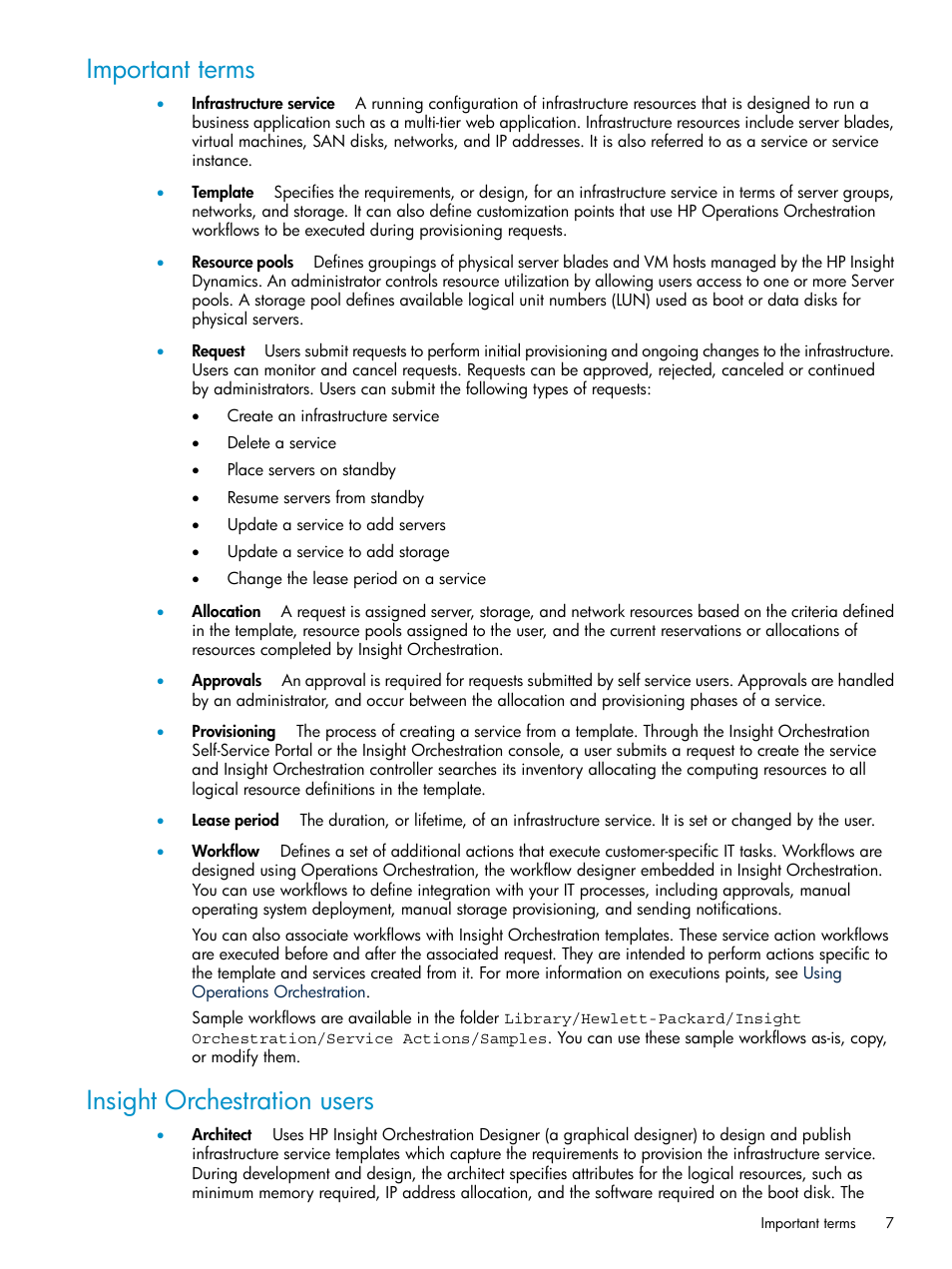 Important terms, Insight orchestration users, Important terms insight orchestration users | HP Matrix Operating Environment Software User Manual | Page 7 / 97