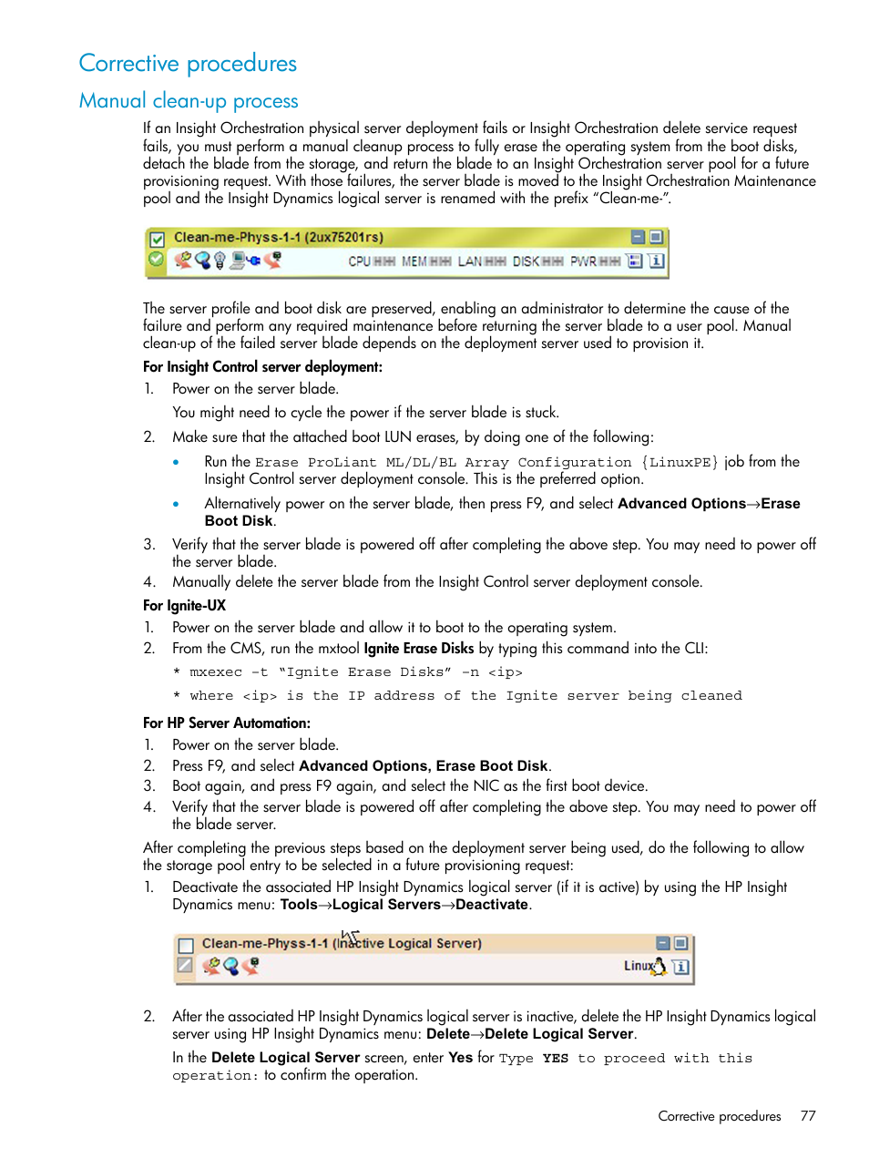 Corrective procedures, Manual clean-up process, Manual | Clean-up process | HP Matrix Operating Environment Software User Manual | Page 77 / 97