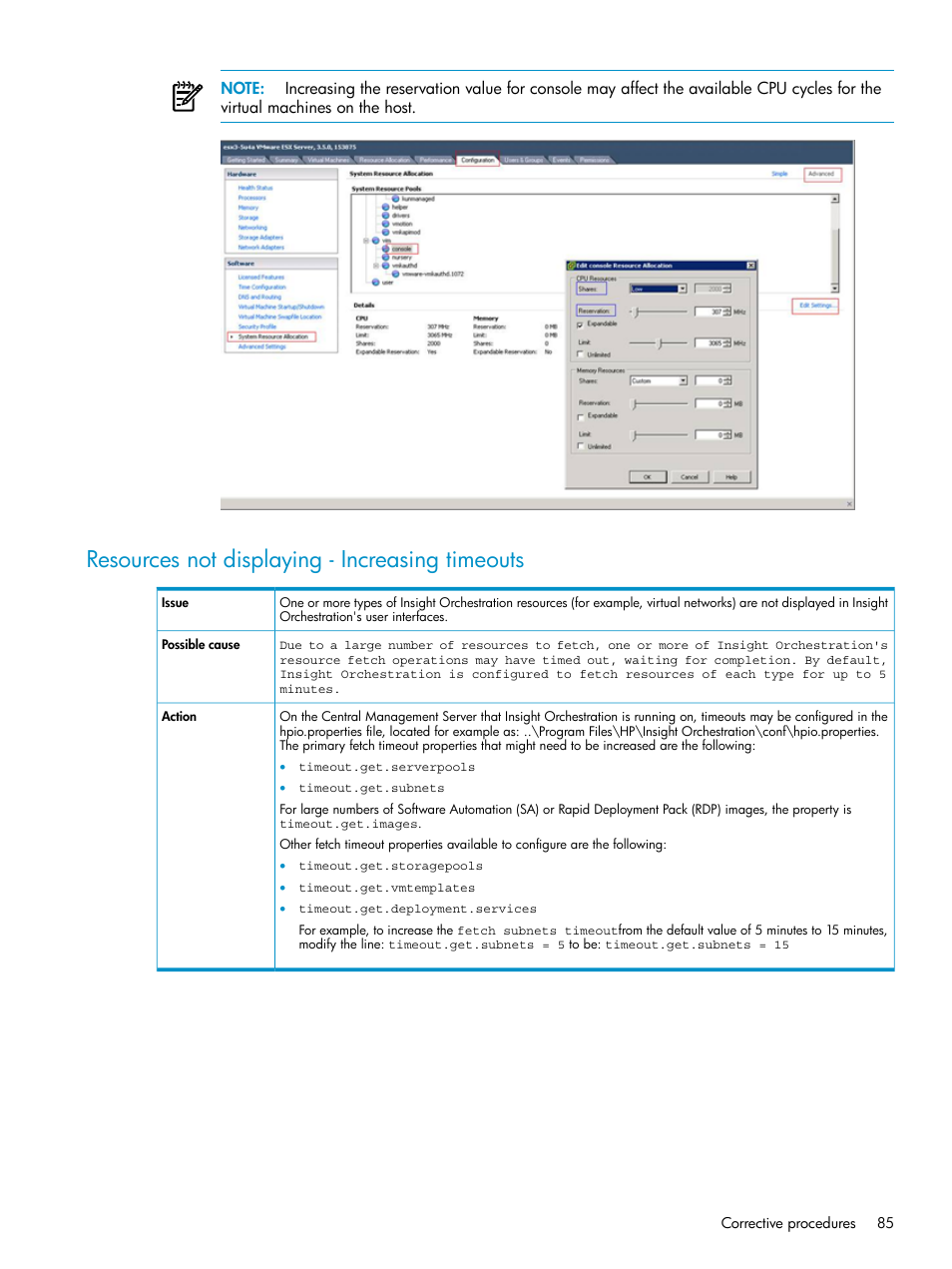 Resources not displaying - increasing timeouts | HP Matrix Operating Environment Software User Manual | Page 85 / 97