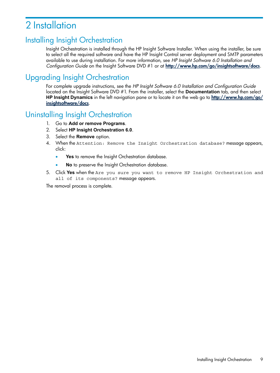 2 installation, Installing insight orchestration, Upgrading insight orchestration | Uninstalling insight orchestration | HP Matrix Operating Environment Software User Manual | Page 9 / 97