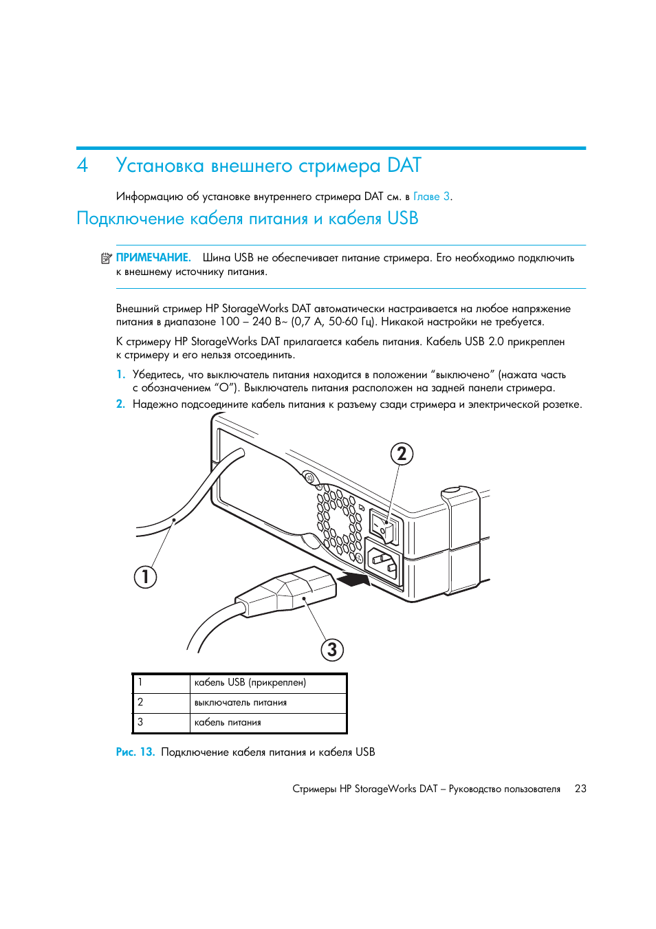 Установка внешнего стримера dat, Подключение кабеля питания и кабеля usb, Рис. 13. подключение кабеля питания и кабеля usb | 4 ῰‛“ ‗‘​— ​‗‎•‗‎‌‘ ‛“‚‒‖‎‚ dat, Ῥ‘‍—― ‡‎‗‒‎ — ‎― ’‒“ ‗‒ ‒ — ‎― usb, 4῰‛“ ‗‘​— ​‗‎•‗‎‌‘ ‛“‚‒‖‎‚ dat | HP Лент-е накопители HP StoreEver DAT User Manual | Page 23 / 50