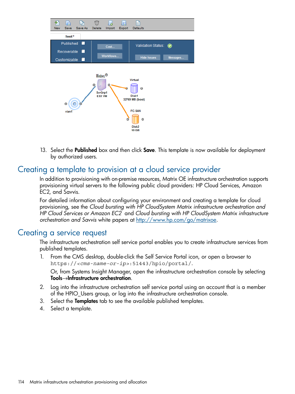 Creating a service request | HP Matrix Operating Environment Software User Manual | Page 114 / 223