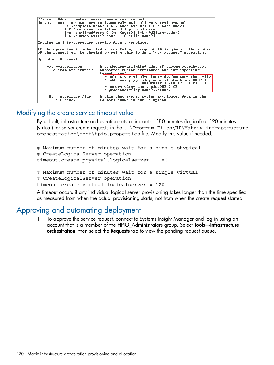 Modifying the create service timeout value, Approving and automating deployment | HP Matrix Operating Environment Software User Manual | Page 120 / 223