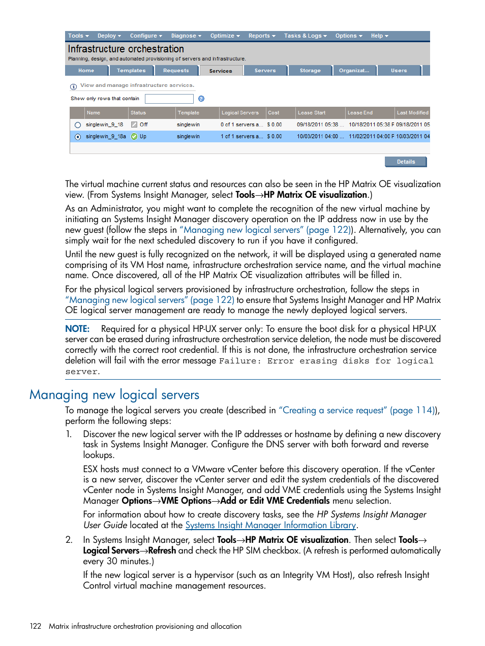 Managing new logical servers | HP Matrix Operating Environment Software User Manual | Page 122 / 223