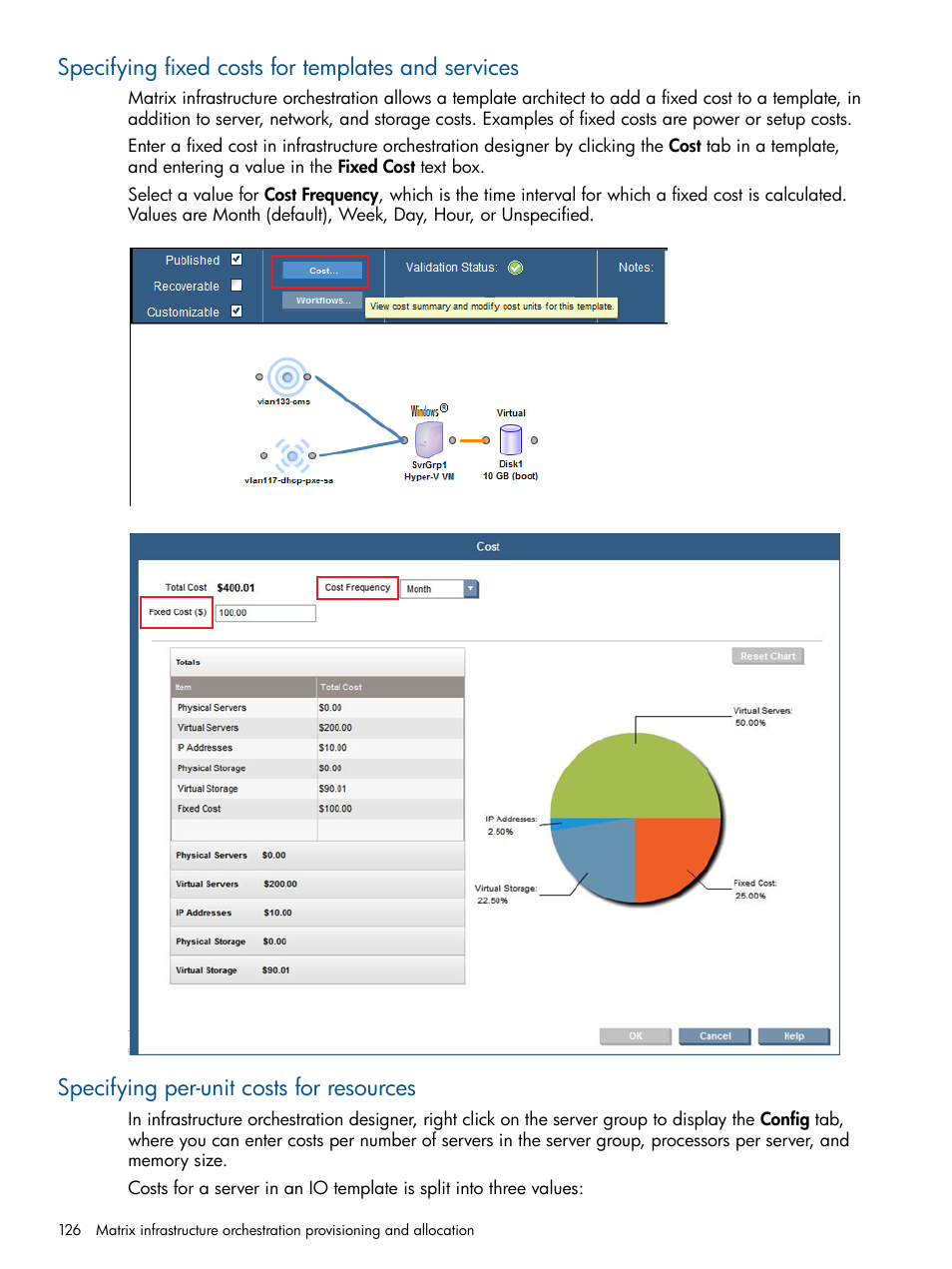 Specifying fixed costs for templates and services, Specifying per-unit costs for resources | HP Matrix Operating Environment Software User Manual | Page 126 / 223