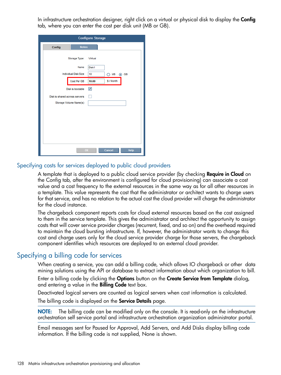 Specifying a billing code for services | HP Matrix Operating Environment Software User Manual | Page 128 / 223