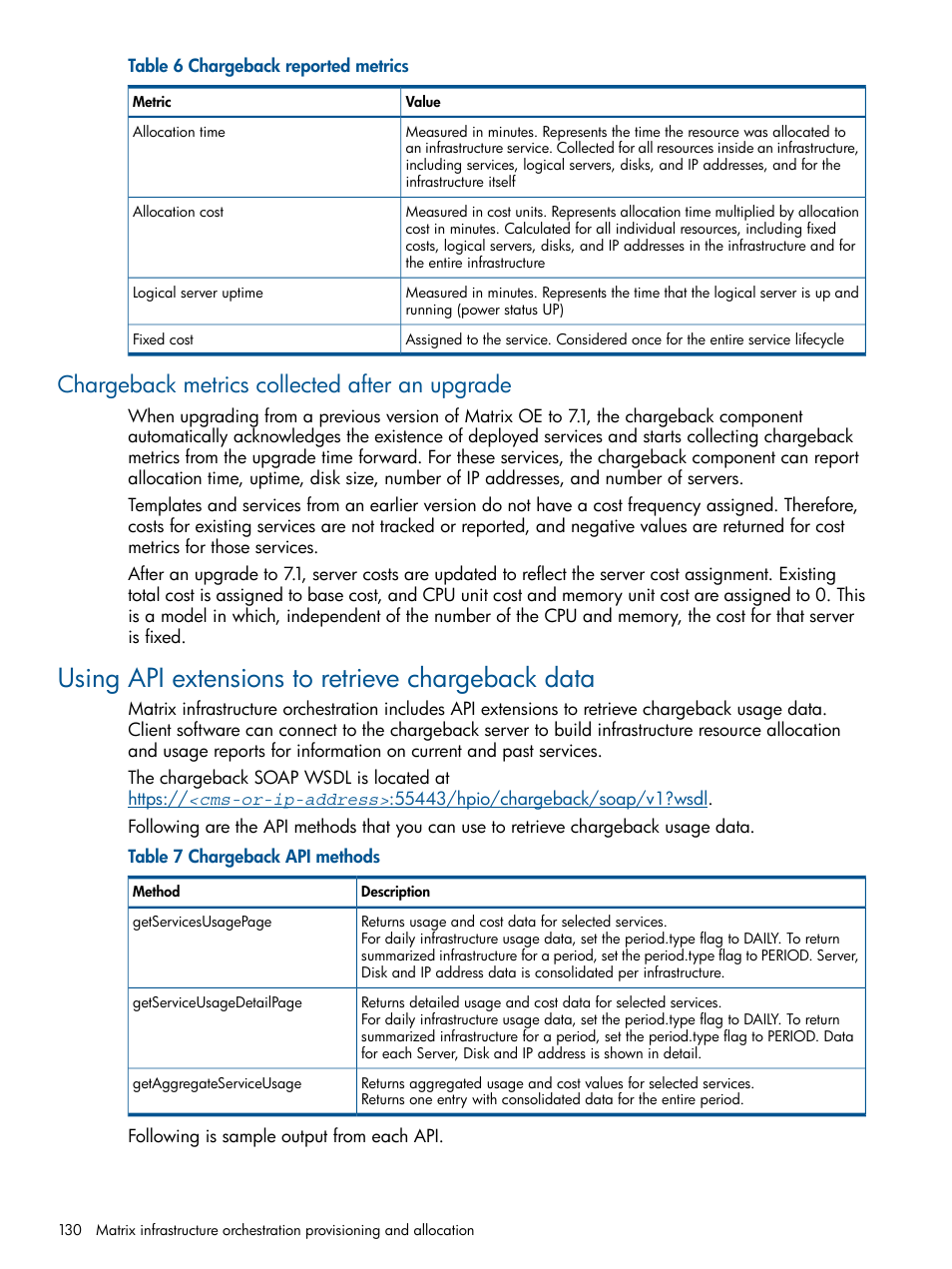 Chargeback metrics collected after an upgrade, Using api extensions to retrieve chargeback data | HP Matrix Operating Environment Software User Manual | Page 130 / 223