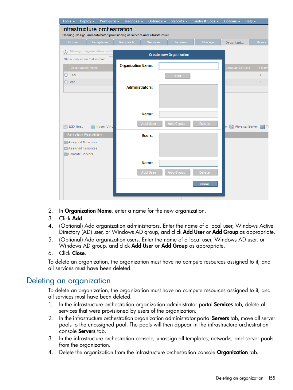 Deleting an organization | HP Matrix Operating Environment Software User Manual | Page 155 / 223