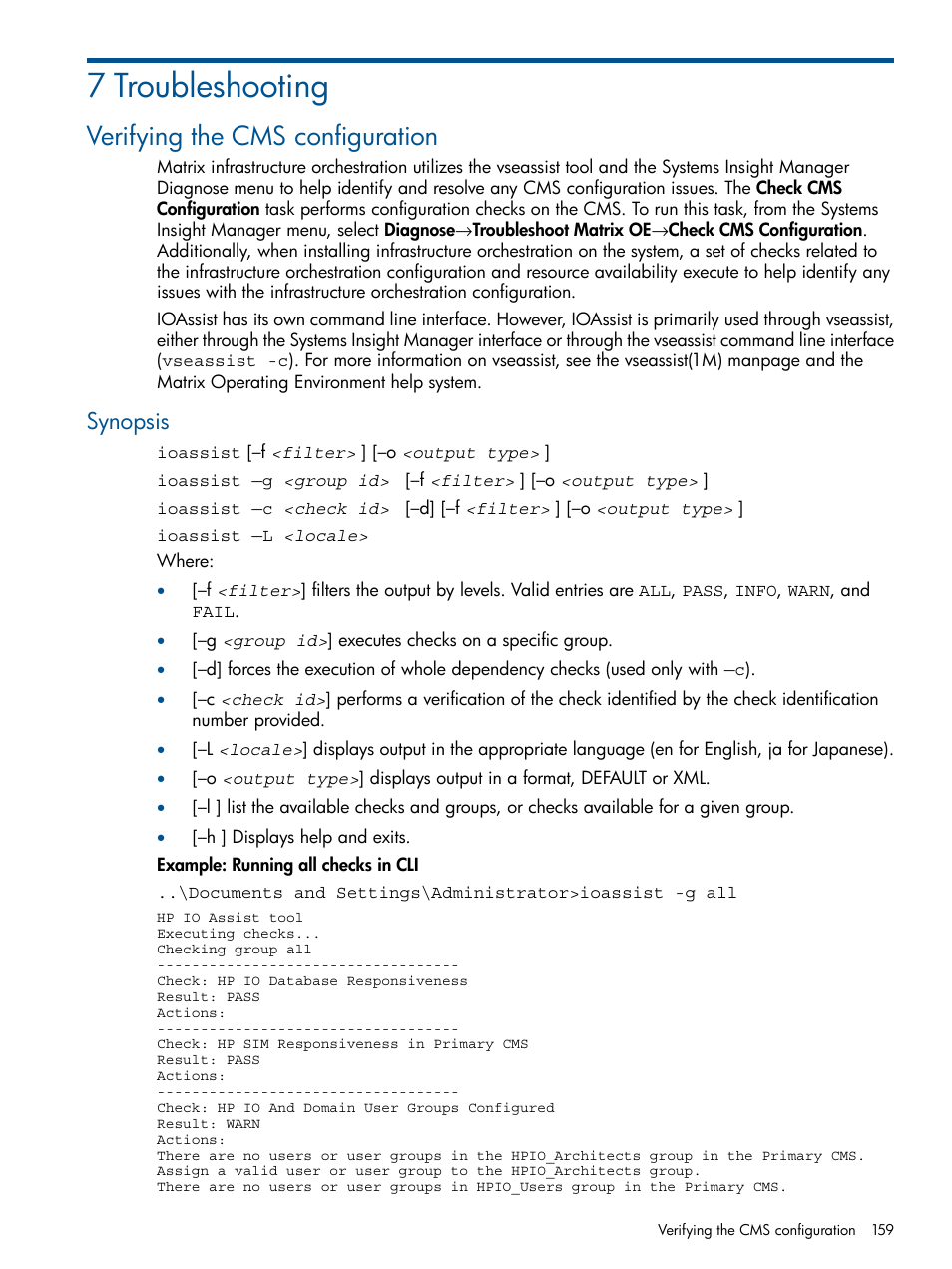 7 troubleshooting, Verifying the cms configuration, Synopsis | HP Matrix Operating Environment Software User Manual | Page 159 / 223