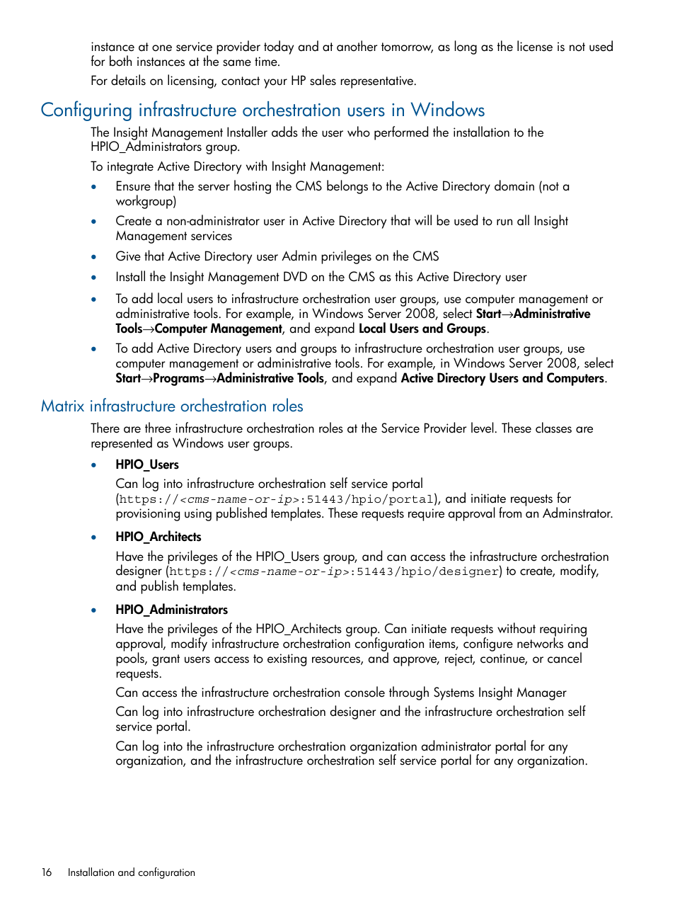 Matrix infrastructure orchestration roles | HP Matrix Operating Environment Software User Manual | Page 16 / 223