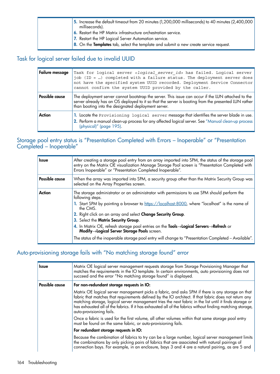 Task for logical server failed due to invalid uuid | HP Matrix Operating Environment Software User Manual | Page 164 / 223