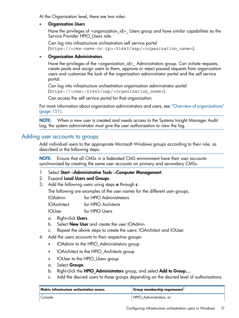 Adding user accounts to groups | HP Matrix Operating Environment Software User Manual | Page 17 / 223