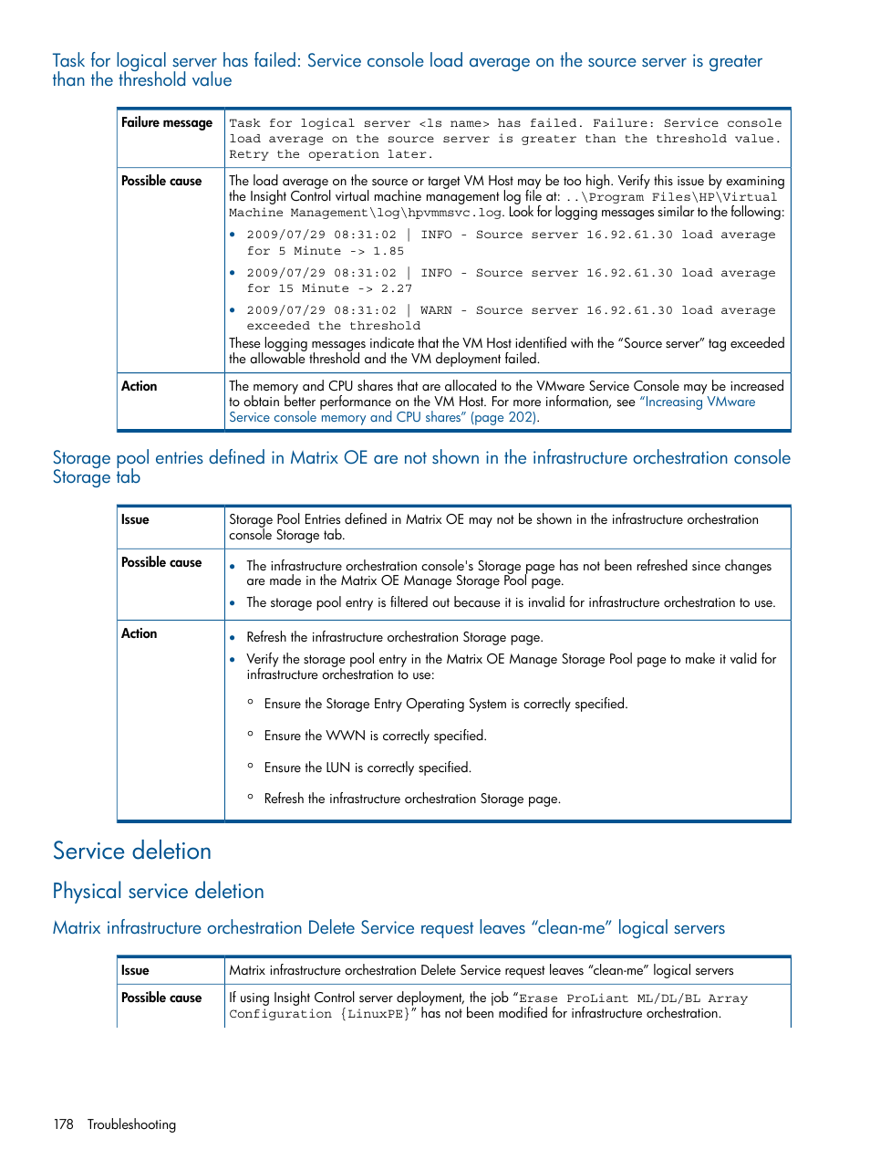 Service deletion, Physical service deletion | HP Matrix Operating Environment Software User Manual | Page 178 / 223