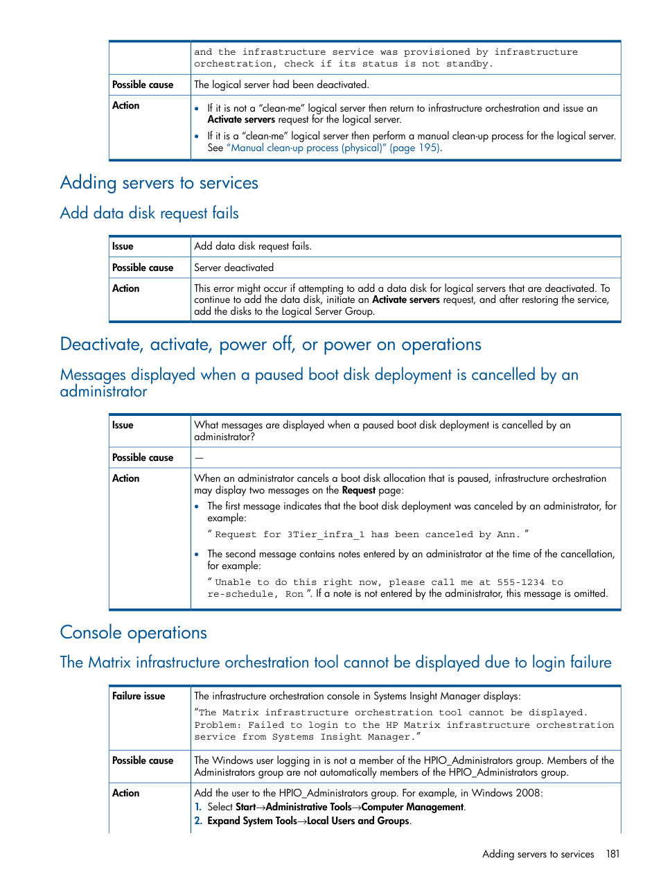 Adding servers to services, Add data disk request fails, Console operations | HP Matrix Operating Environment Software User Manual | Page 181 / 223