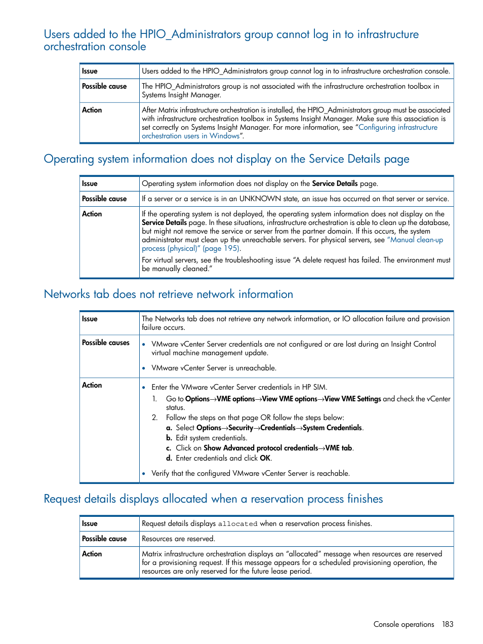 Networks tab does not retrieve network information | HP Matrix Operating Environment Software User Manual | Page 183 / 223