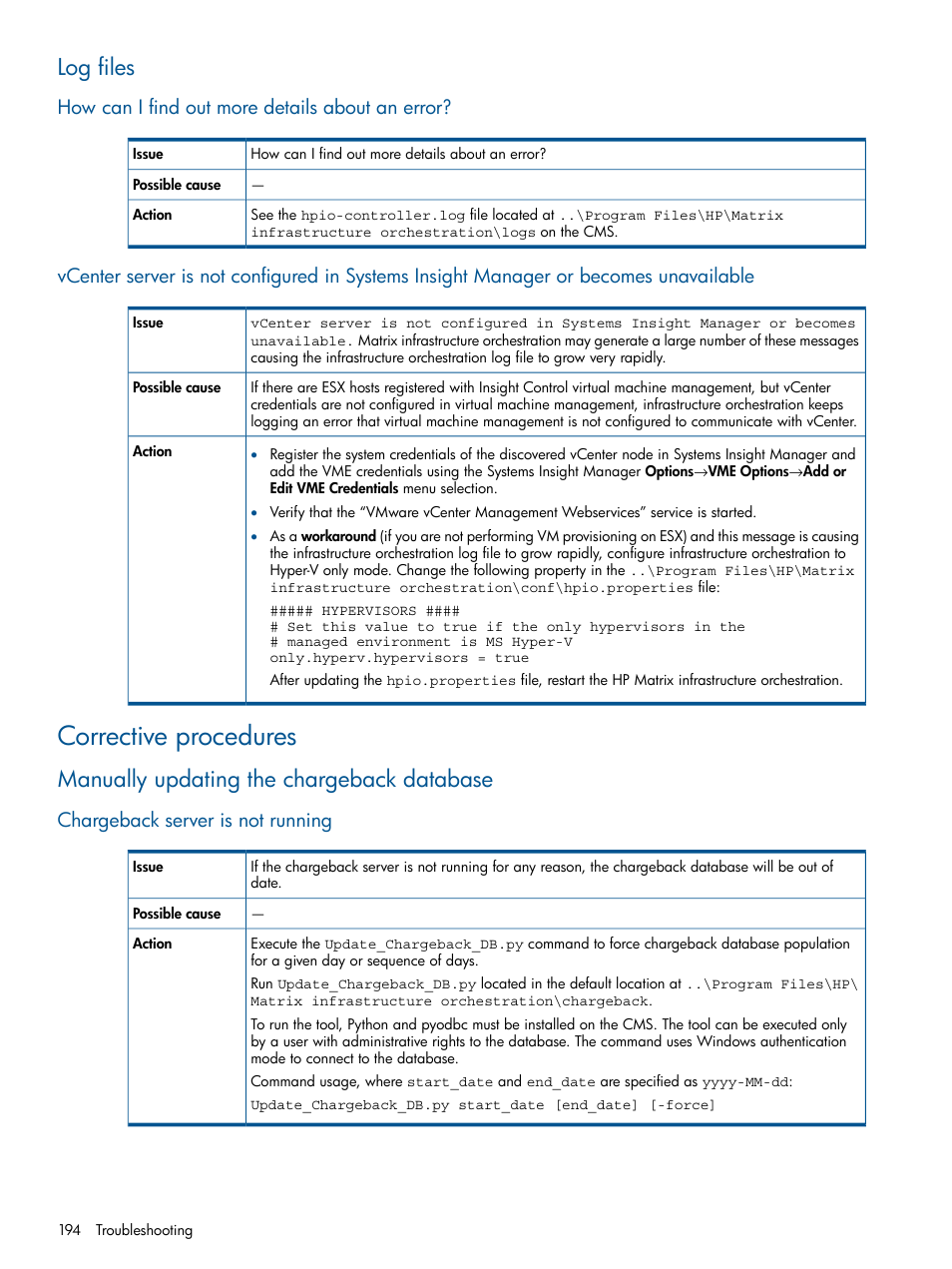 Log files, How can i find out more details about an error, Corrective procedures | Manually updating the chargeback database, Chargeback server is not running | HP Matrix Operating Environment Software User Manual | Page 194 / 223