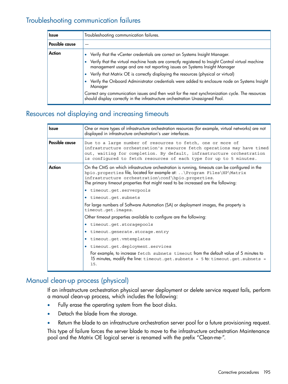 Troubleshooting communication failures, Resources not displaying and increasing timeouts, Manual clean-up process (physical) | Manual clean-up process, Manual clean-up | HP Matrix Operating Environment Software User Manual | Page 195 / 223