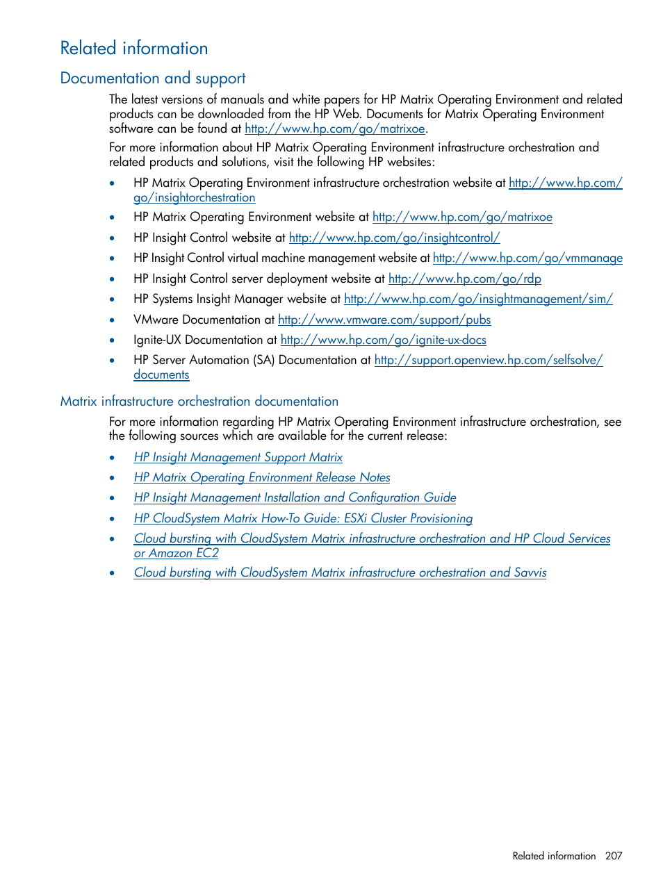 Related information, Documentation and support, Matrix infrastructure orchestration documentation | HP Matrix Operating Environment Software User Manual | Page 207 / 223