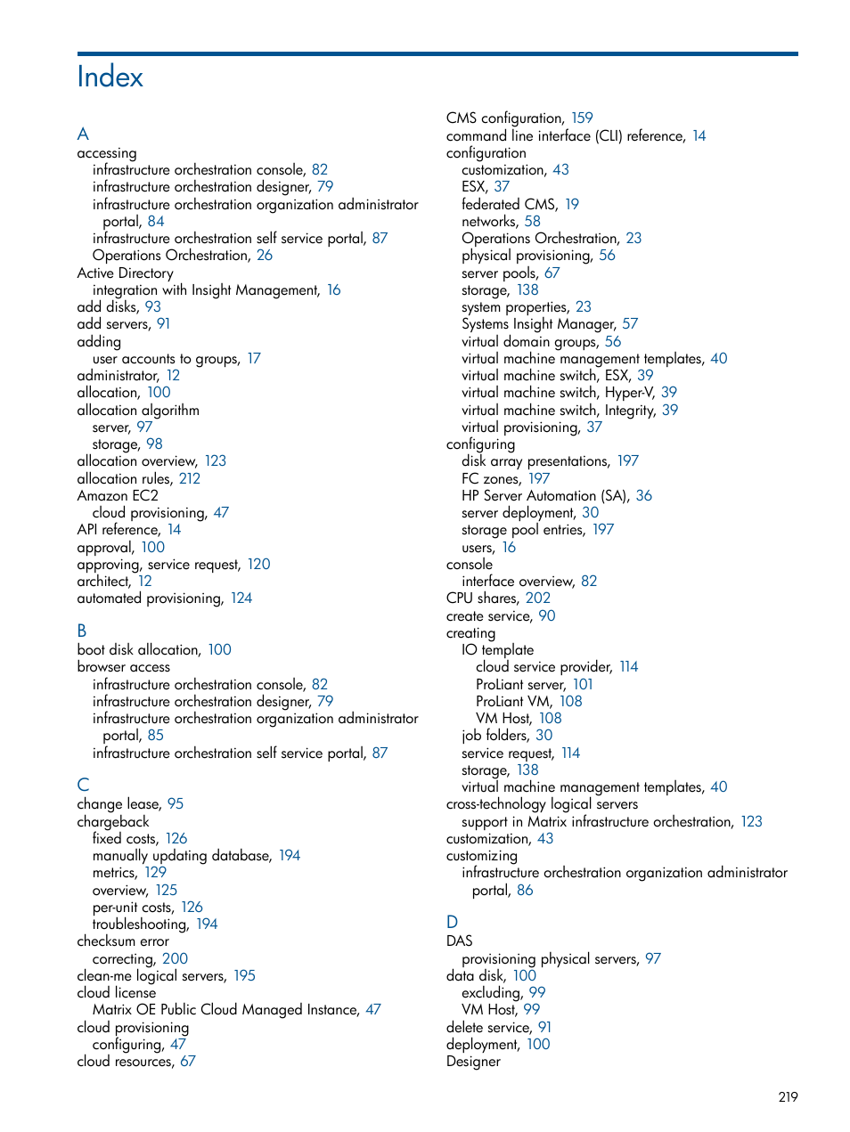 Index | HP Matrix Operating Environment Software User Manual | Page 219 / 223