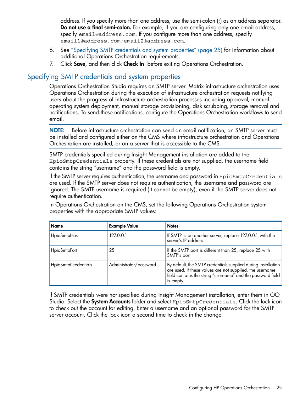 Specifying smtp credentials and system properties | HP Matrix Operating Environment Software User Manual | Page 25 / 223