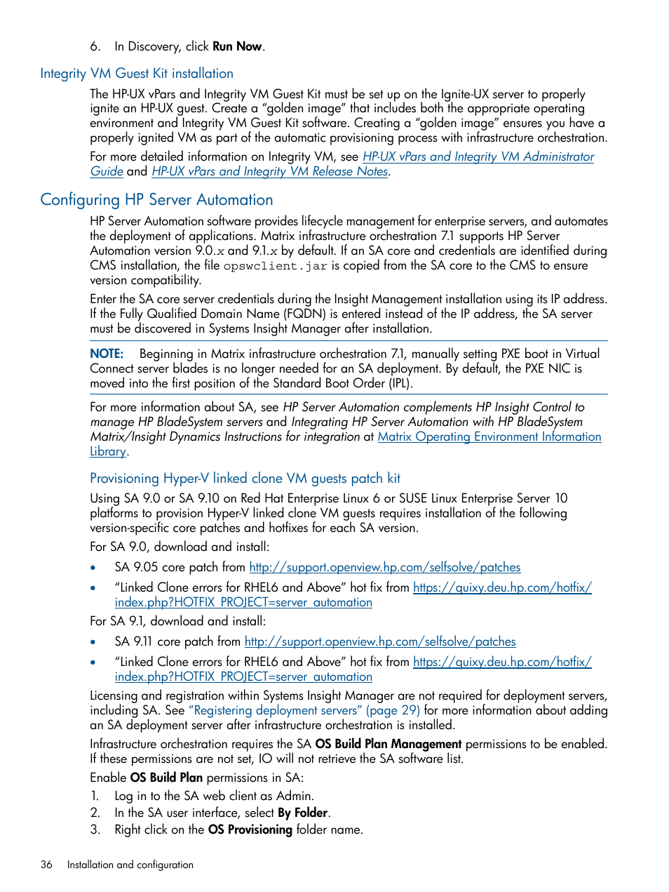 Integrity vm guest kit installation, Configuring hp server automation | HP Matrix Operating Environment Software User Manual | Page 36 / 223