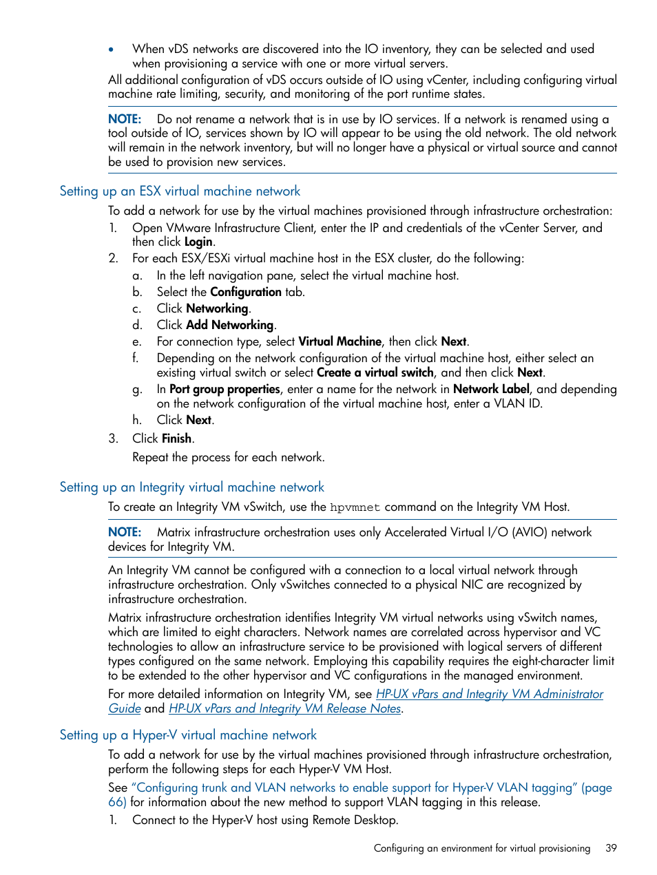 Setting up an esx virtual machine network, Setting up an integrity virtual machine network, Setting up a hyper-v virtual machine network | HP Matrix Operating Environment Software User Manual | Page 39 / 223