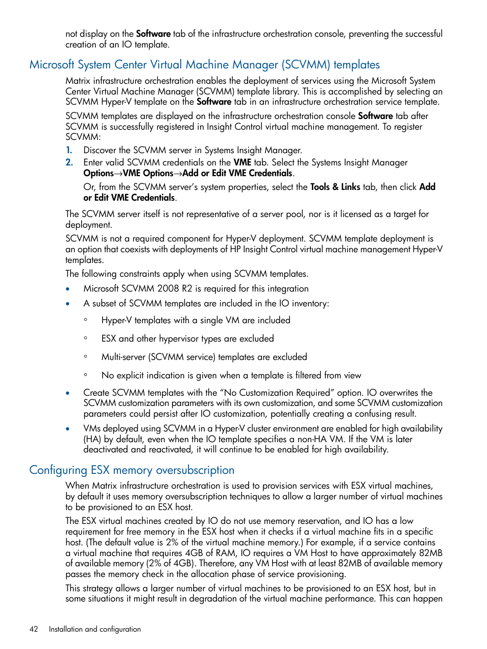 Configuring esx memory oversubscription | HP Matrix Operating Environment Software User Manual | Page 42 / 223