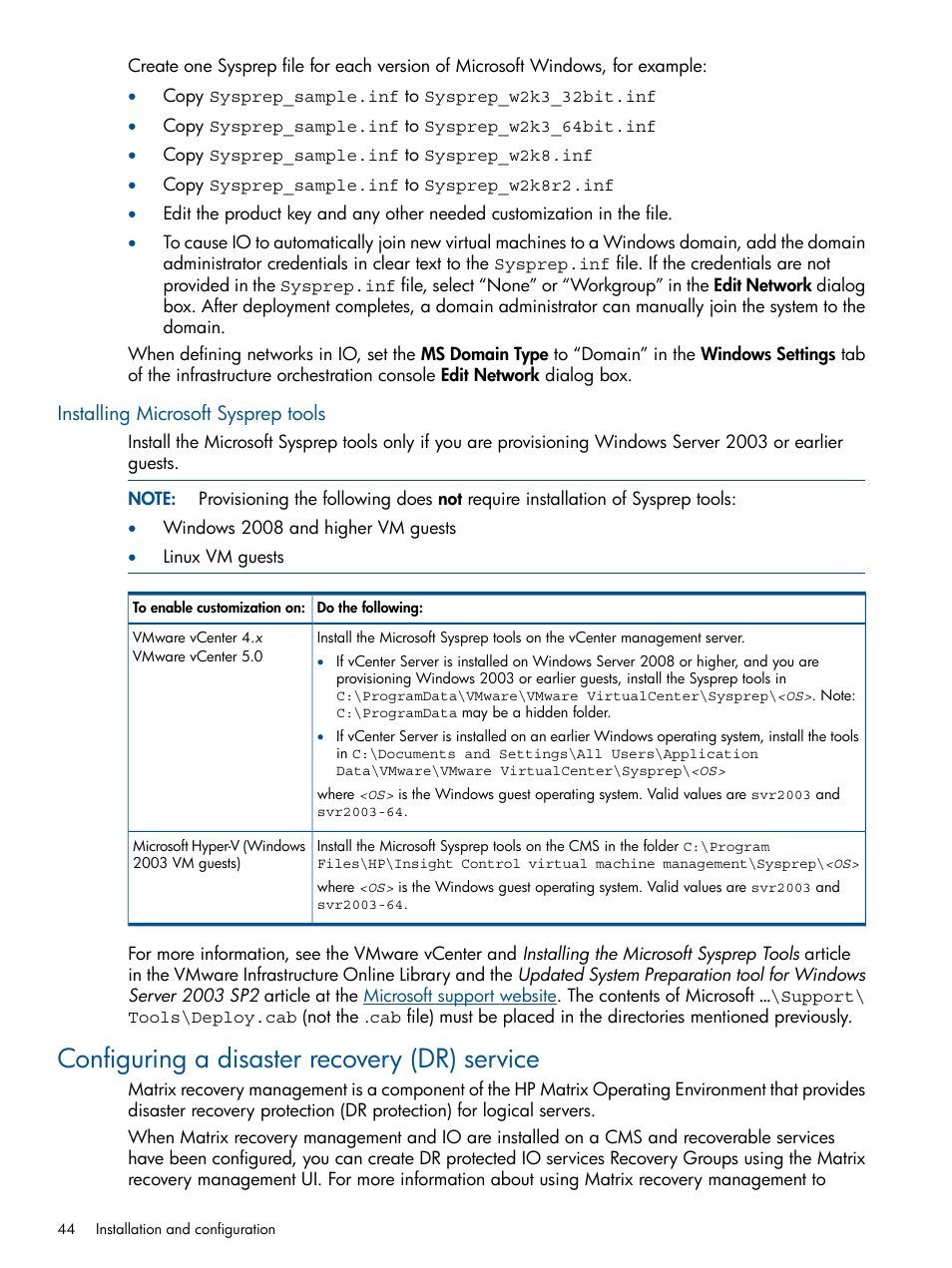 Installing microsoft sysprep tools, Configuring a disaster recovery (dr) service | HP Matrix Operating Environment Software User Manual | Page 44 / 223