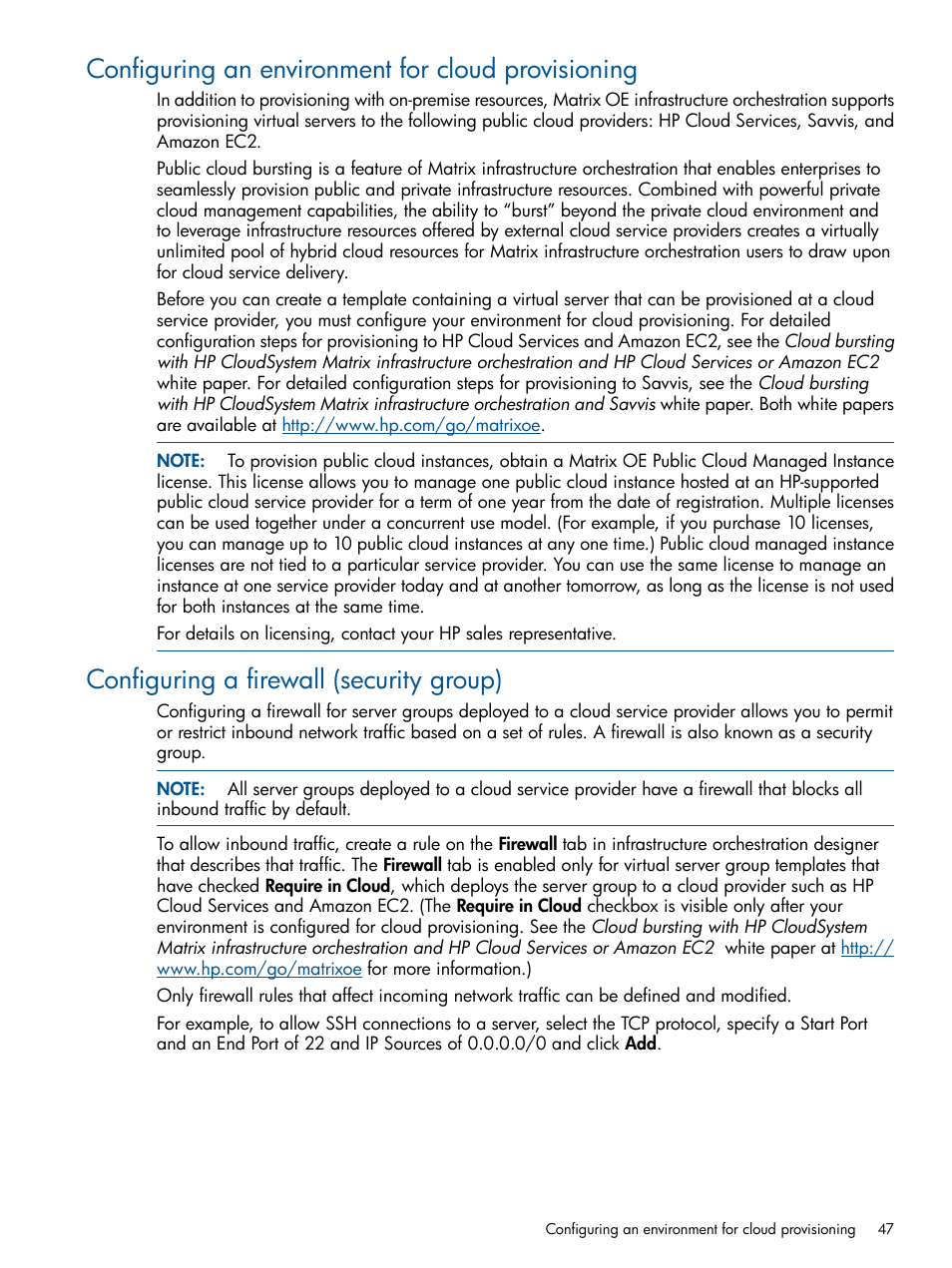 Configuring an environment for cloud provisioning, Configuring a firewall (security group) | HP Matrix Operating Environment Software User Manual | Page 47 / 223