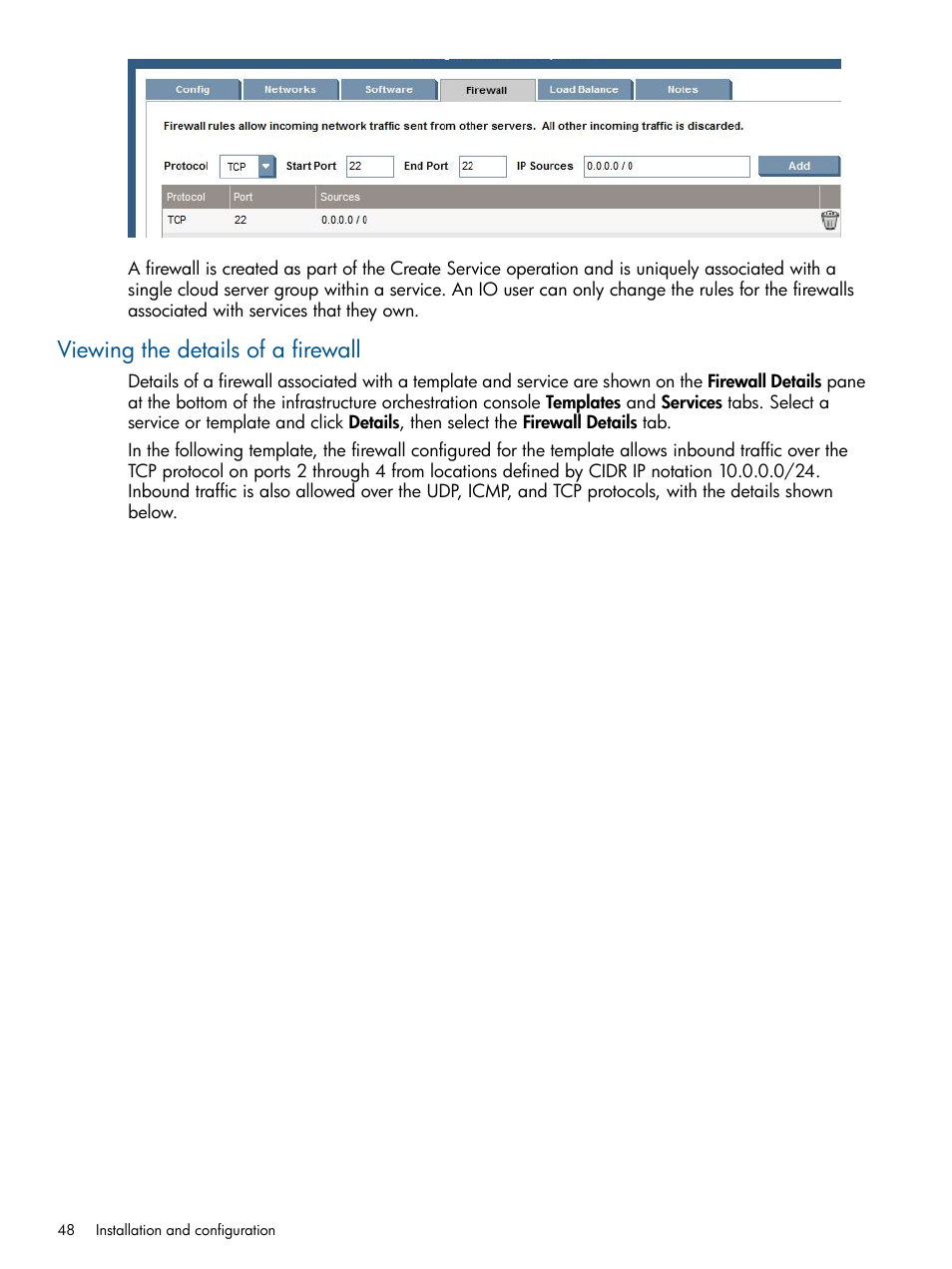 Viewing the details of a firewall | HP Matrix Operating Environment Software User Manual | Page 48 / 223