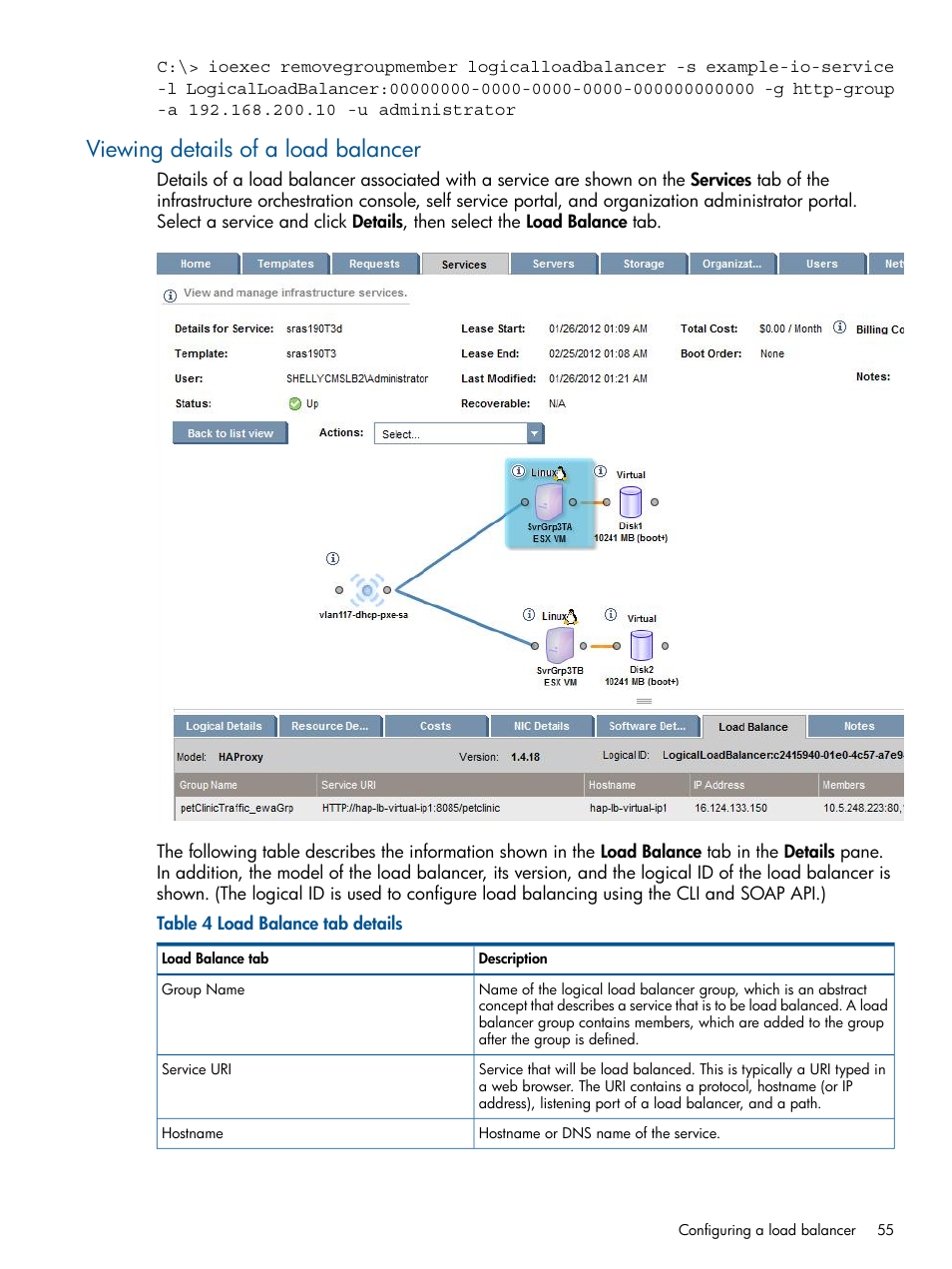 Viewing details of a load balancer | HP Matrix Operating Environment Software User Manual | Page 55 / 223