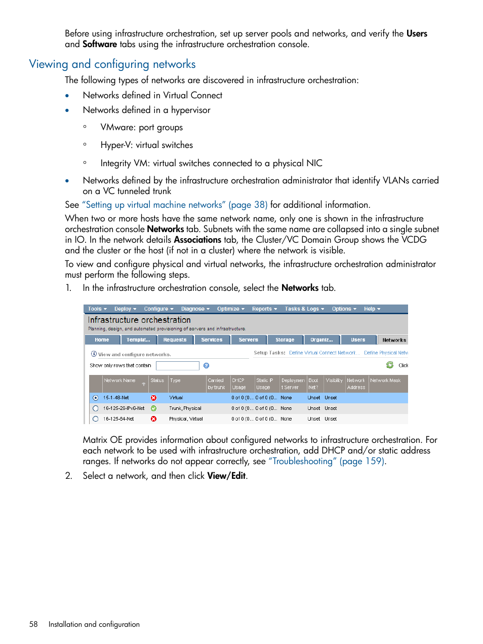 Viewing and configuring networks | HP Matrix Operating Environment Software User Manual | Page 58 / 223