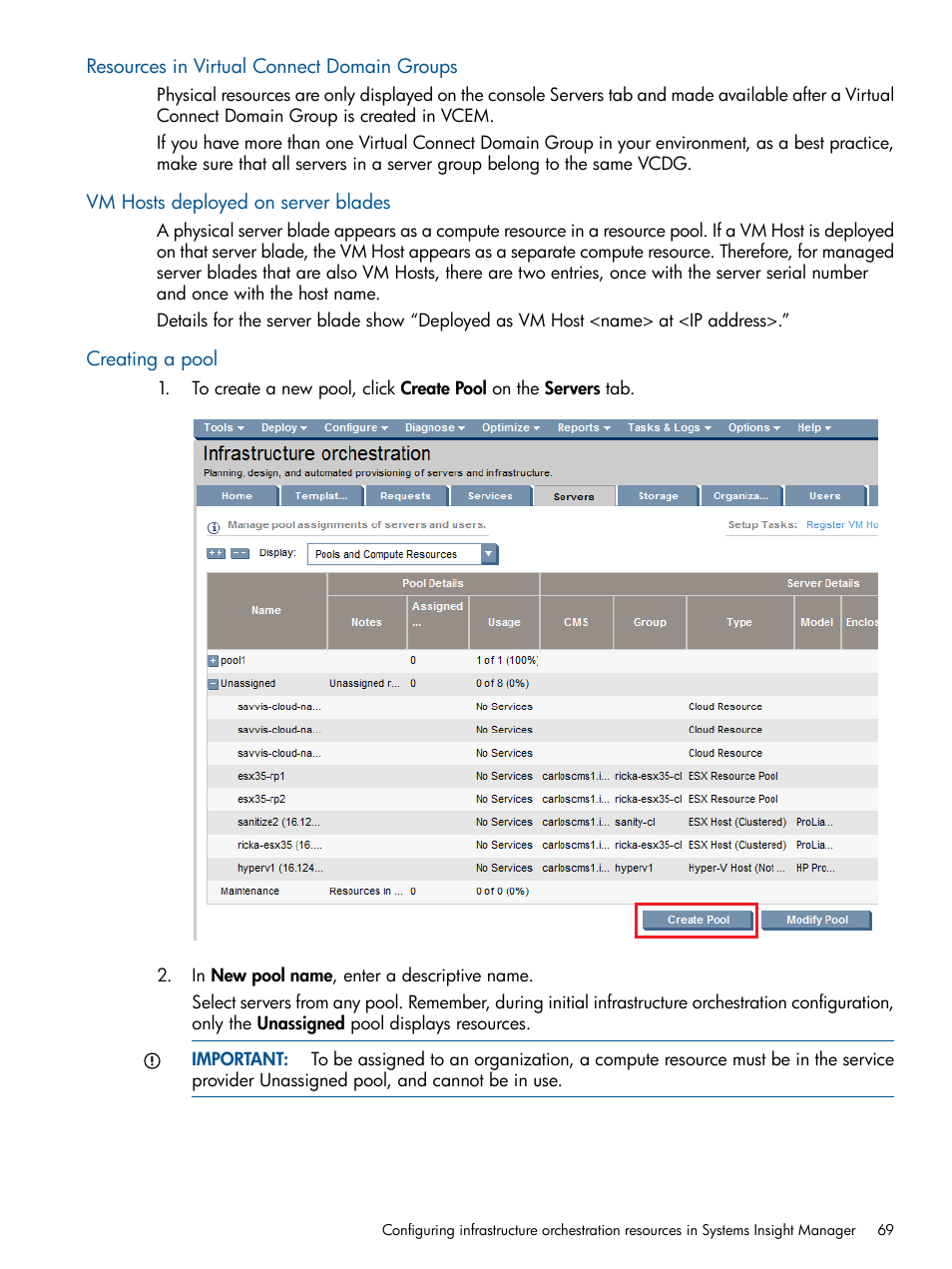 Resources in virtual connect domain groups, Vm hosts deployed on server blades, Creating a pool | HP Matrix Operating Environment Software User Manual | Page 69 / 223