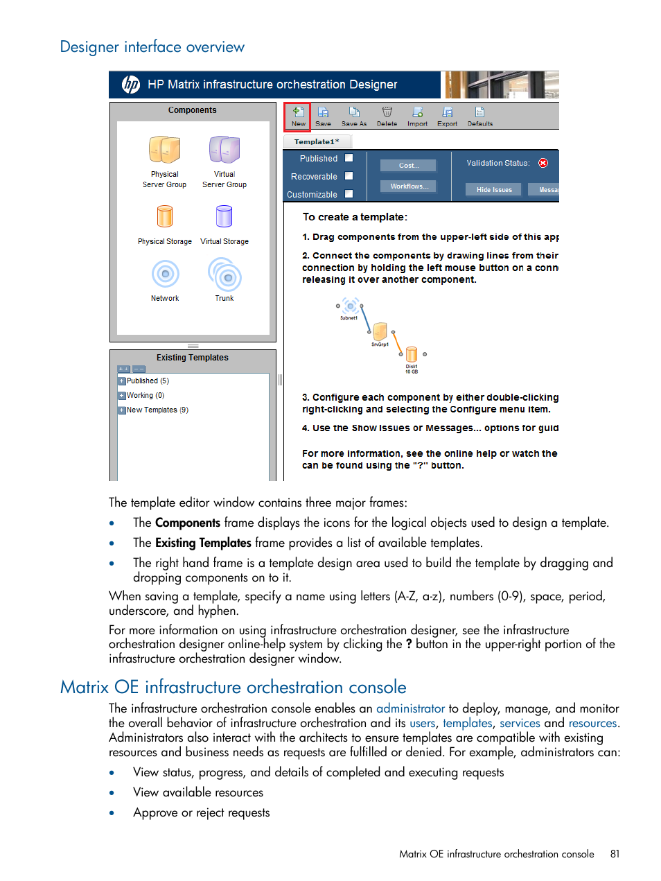 Designer interface overview, Matrix oe infrastructure orchestration console | HP Matrix Operating Environment Software User Manual | Page 81 / 223