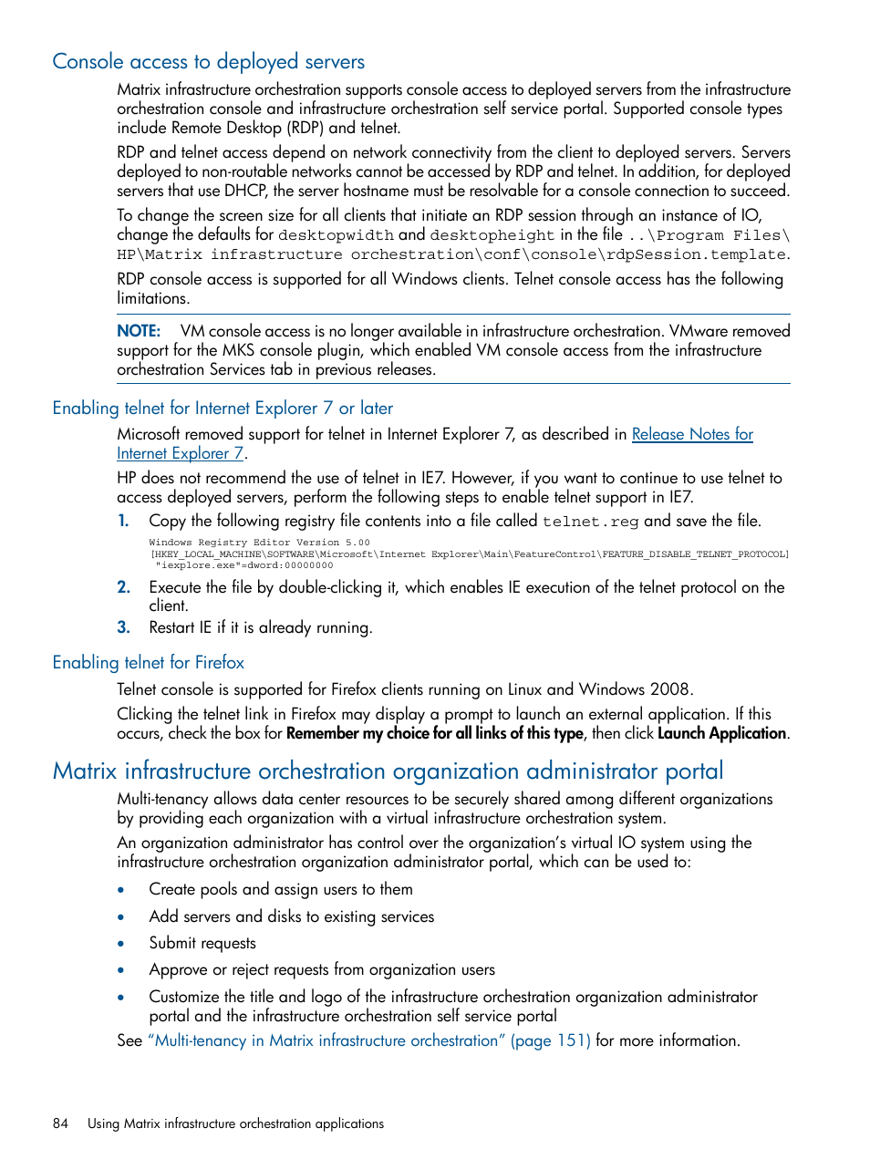 Console access to deployed servers, Enabling telnet for internet explorer 7 or later, Enabling telnet for firefox | HP Matrix Operating Environment Software User Manual | Page 84 / 223