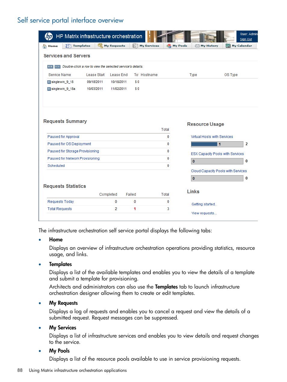 Self service portal interface overview | HP Matrix Operating Environment Software User Manual | Page 88 / 223