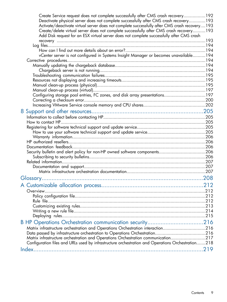 8 support and other resources, Glossary a customizable allocation process, Index | HP Matrix Operating Environment Software User Manual | Page 9 / 223