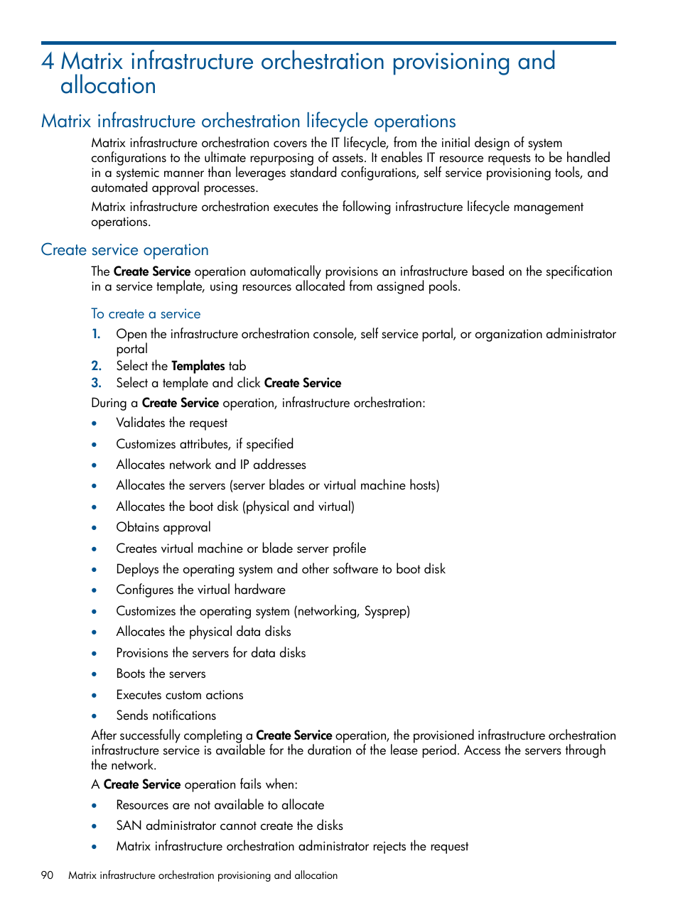 Create service operation | HP Matrix Operating Environment Software User Manual | Page 90 / 223