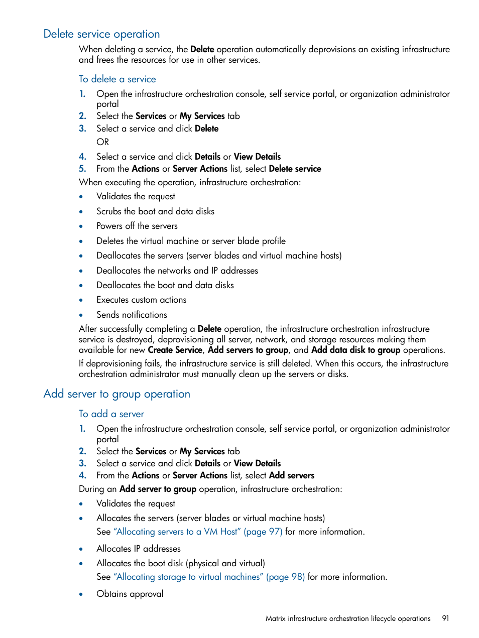 Delete service operation, Add server to group operation | HP Matrix Operating Environment Software User Manual | Page 91 / 223