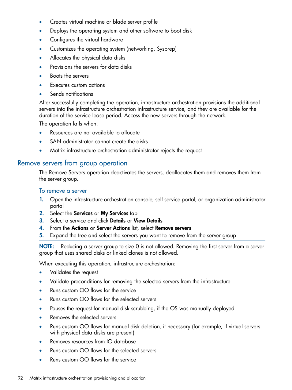 Remove servers from group operation | HP Matrix Operating Environment Software User Manual | Page 92 / 223