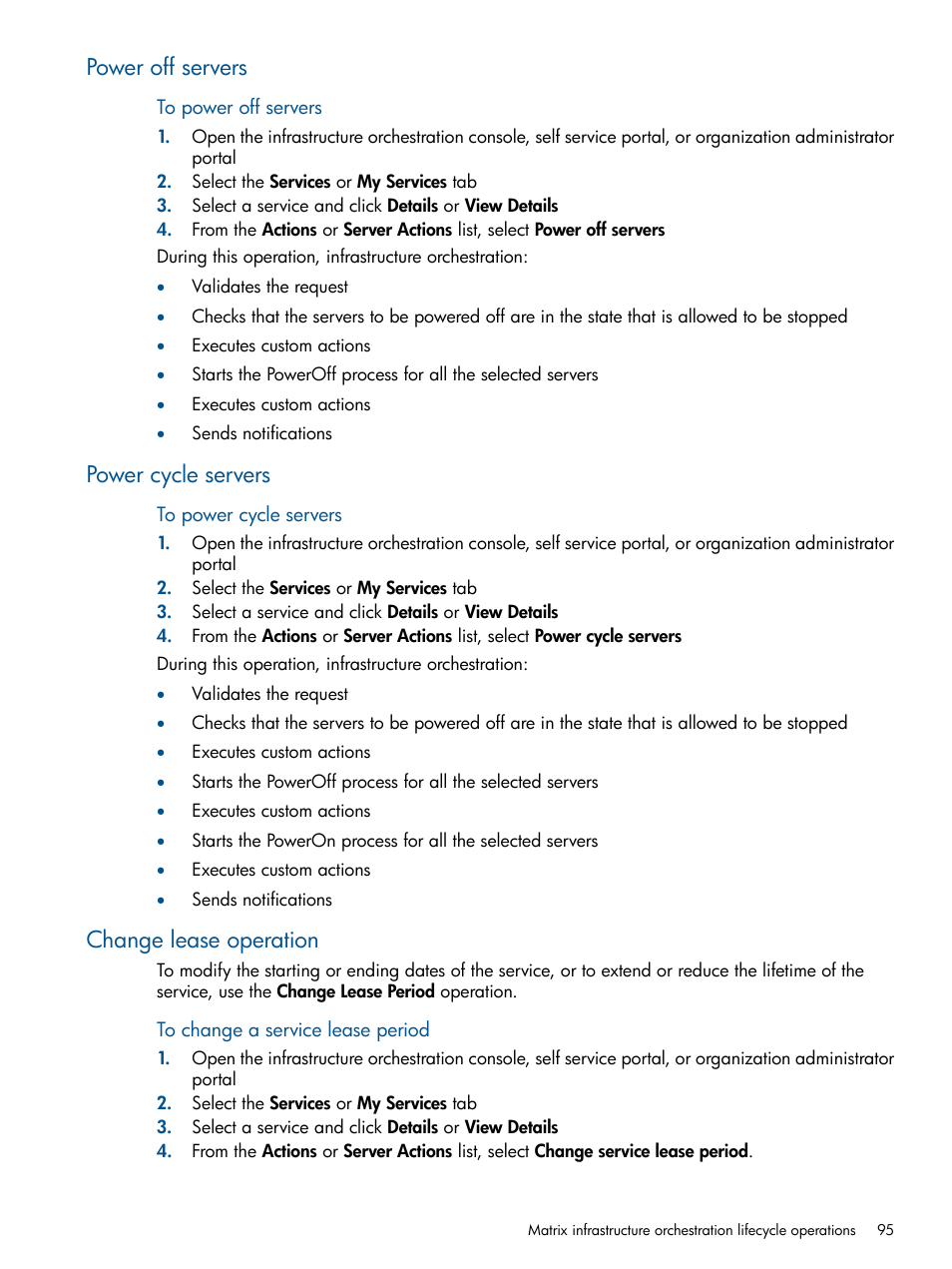 Power off servers, Power cycle servers, Change lease operation | HP Matrix Operating Environment Software User Manual | Page 95 / 223