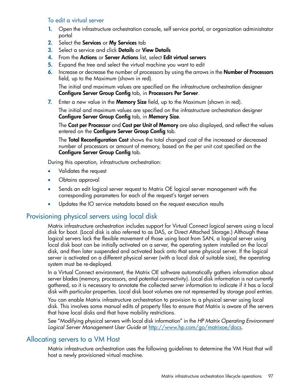 Provisioning physical servers using local disk, Allocating servers to a vm host | HP Matrix Operating Environment Software User Manual | Page 97 / 223