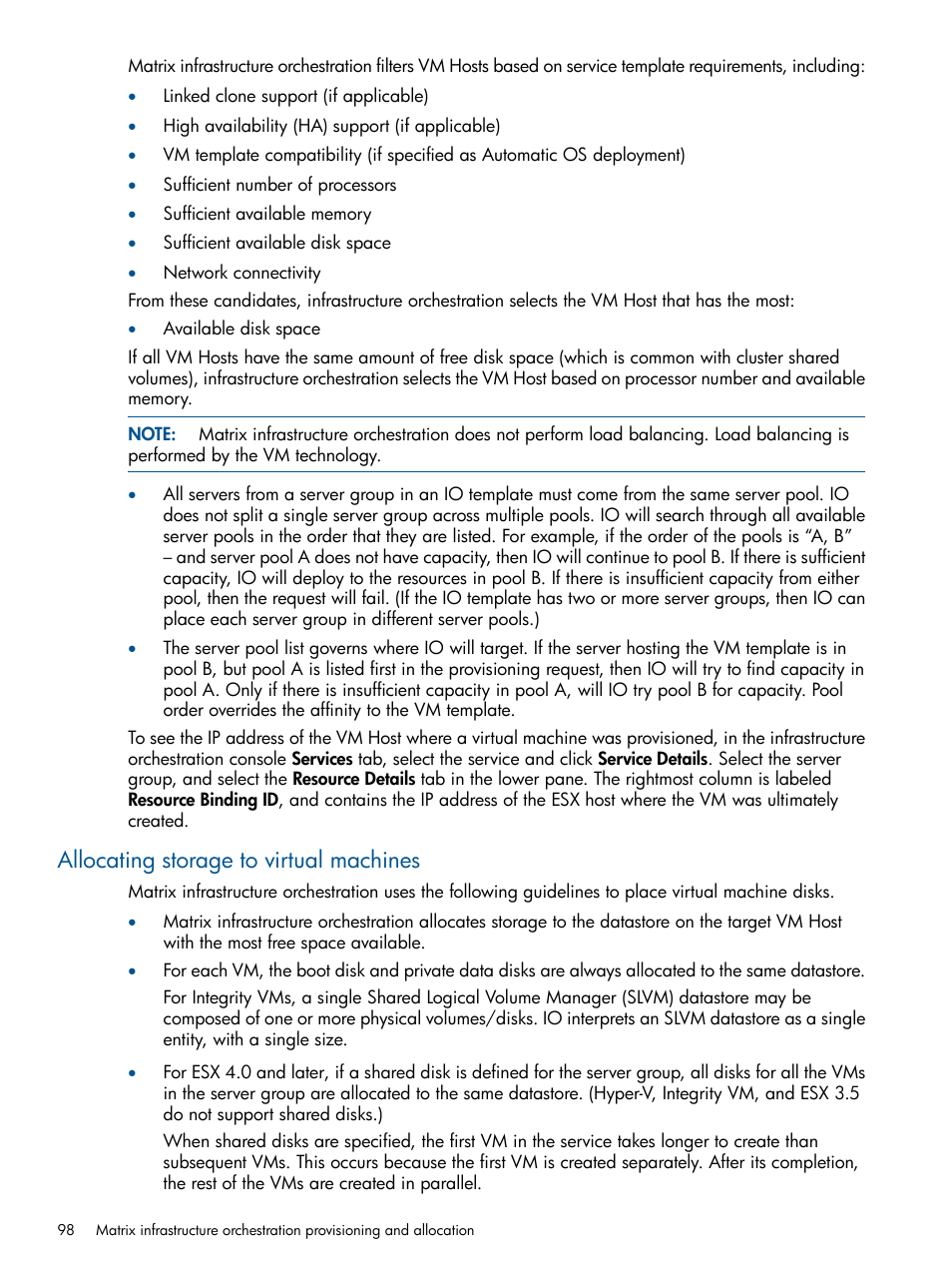 Allocating storage to virtual machines | HP Matrix Operating Environment Software User Manual | Page 98 / 223