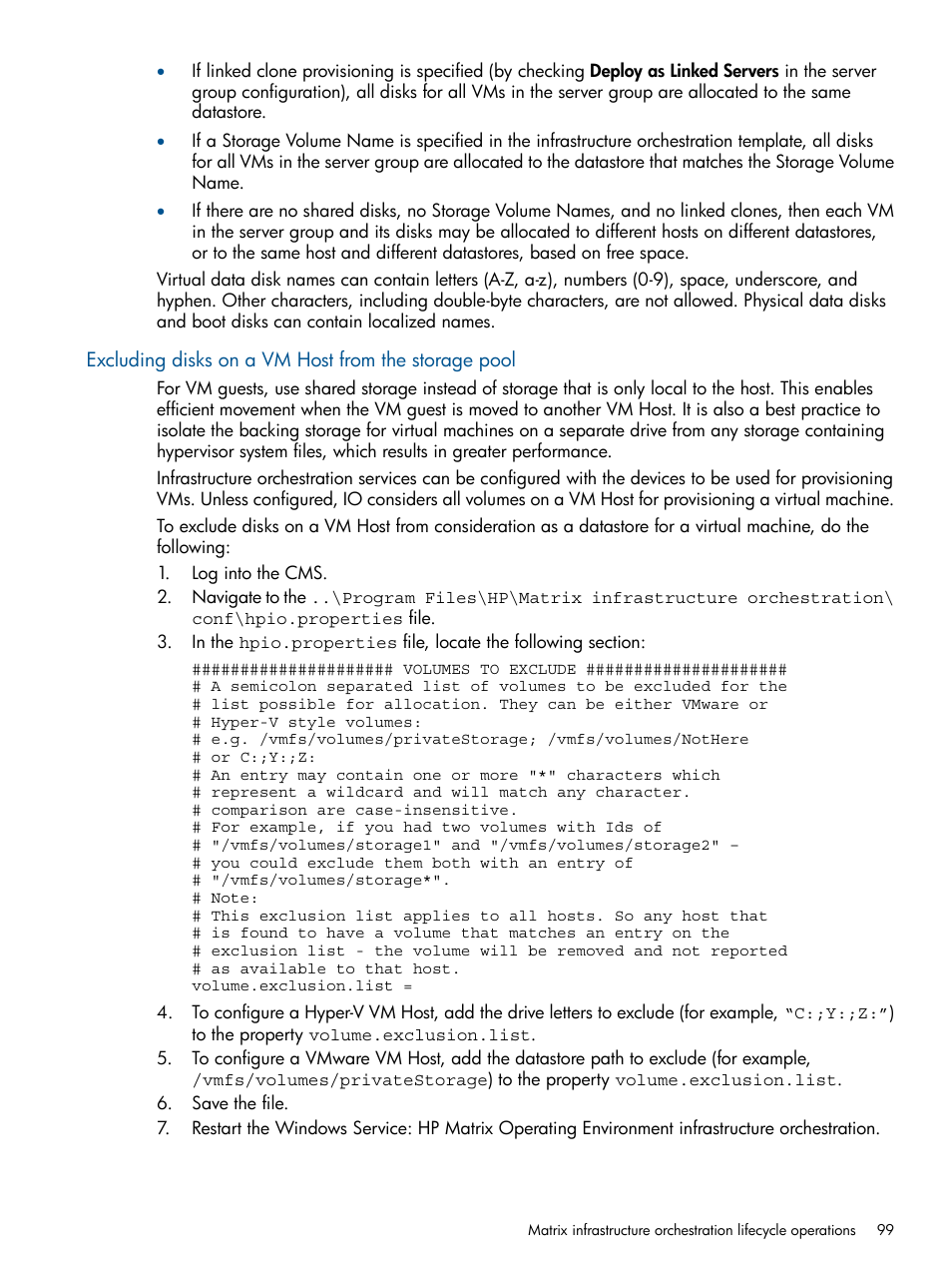 Excluding disks on a vm host from the storage pool | HP Matrix Operating Environment Software User Manual | Page 99 / 223