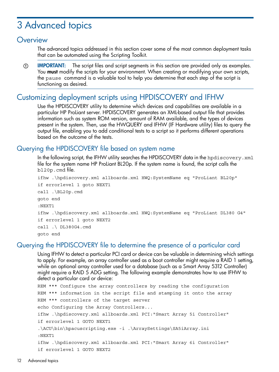 3 advanced topics, Overview, Querying the hpdiscovery file based on system name | HP Scripting Toolkit for Windows User Manual | Page 12 / 62