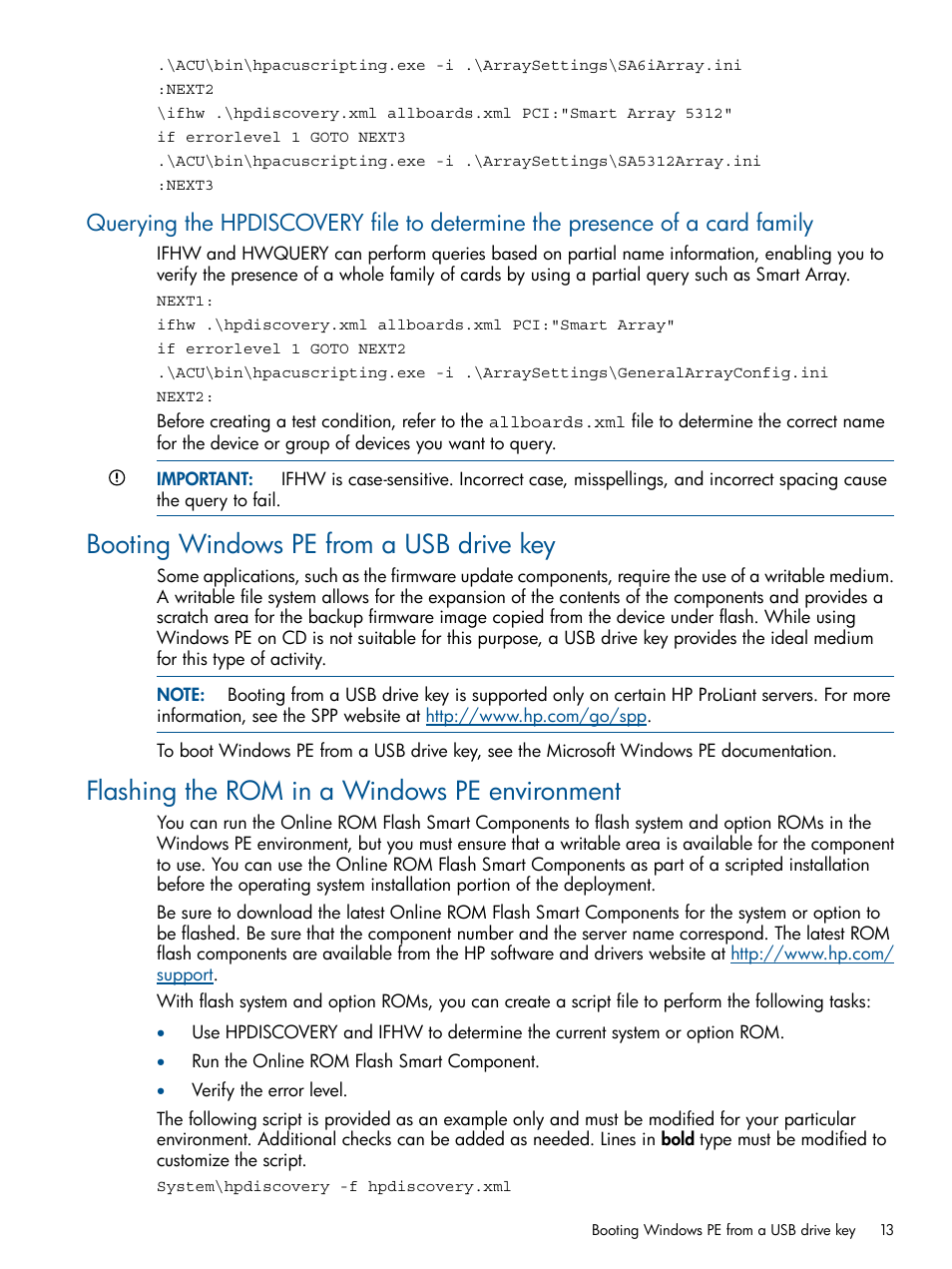 Booting windows pe from a usb drive key, Flashing the rom in a windows pe environment | HP Scripting Toolkit for Windows User Manual | Page 13 / 62