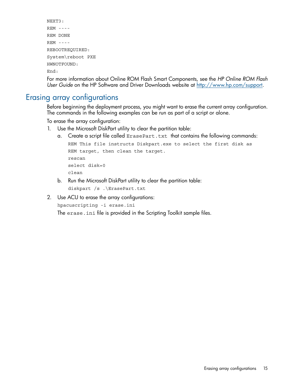 Erasing array configurations | HP Scripting Toolkit for Windows User Manual | Page 15 / 62