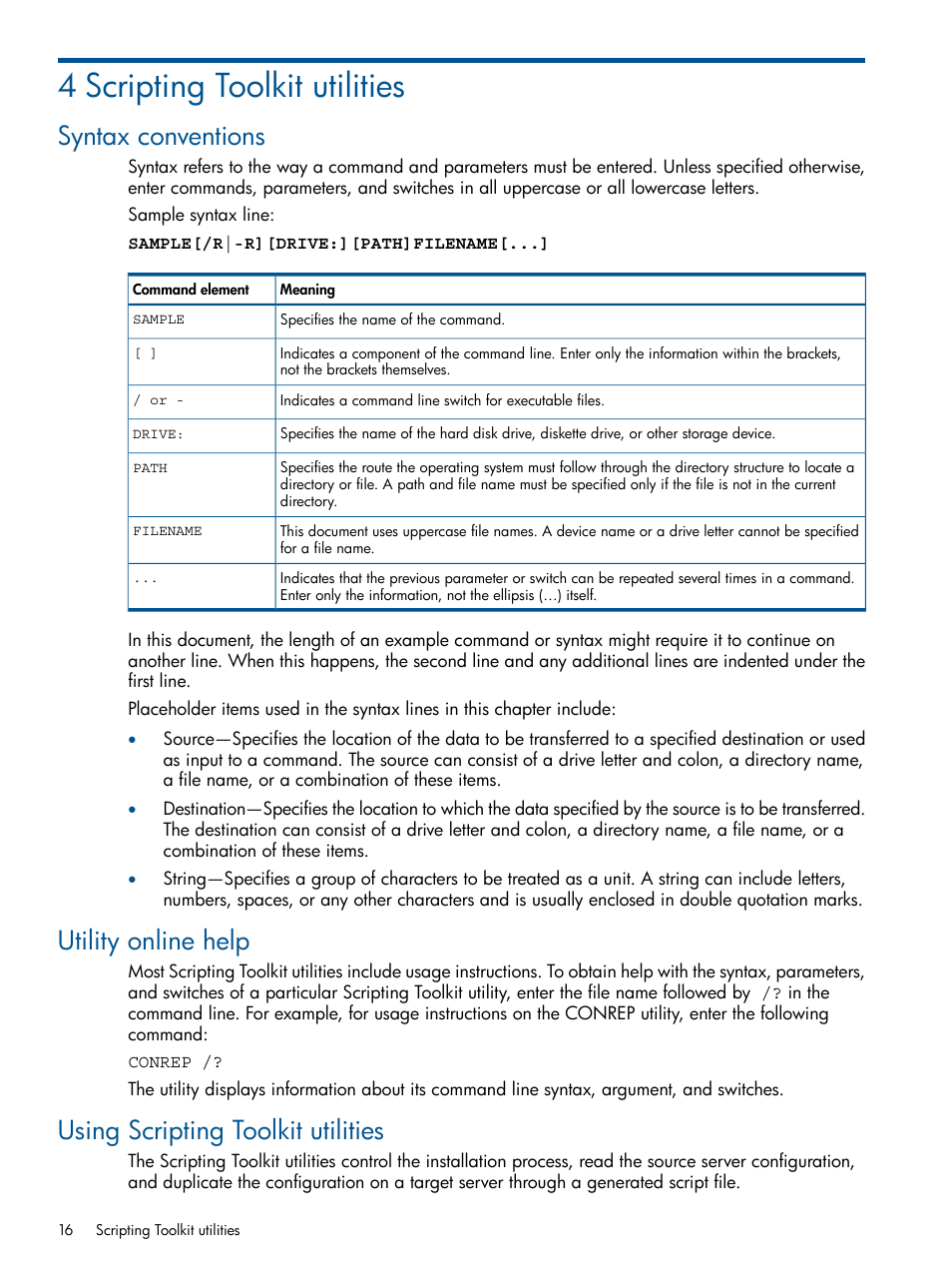 4 scripting toolkit utilities, Syntax conventions, Utility online help | Using scripting toolkit utilities | HP Scripting Toolkit for Windows User Manual | Page 16 / 62