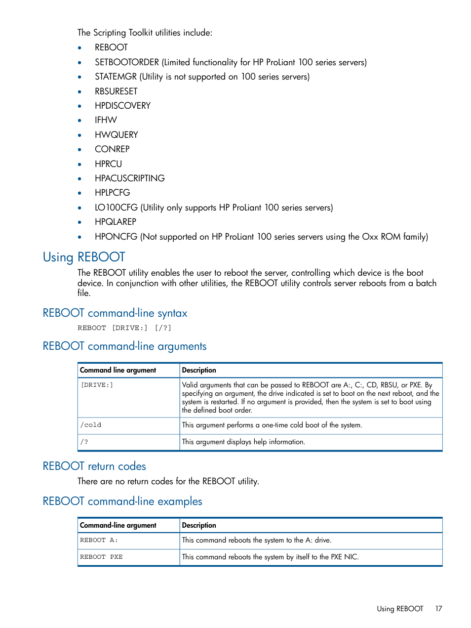 Using reboot, Reboot command-line syntax, Reboot command-line arguments | Reboot return codes, Reboot command-line examples | HP Scripting Toolkit for Windows User Manual | Page 17 / 62