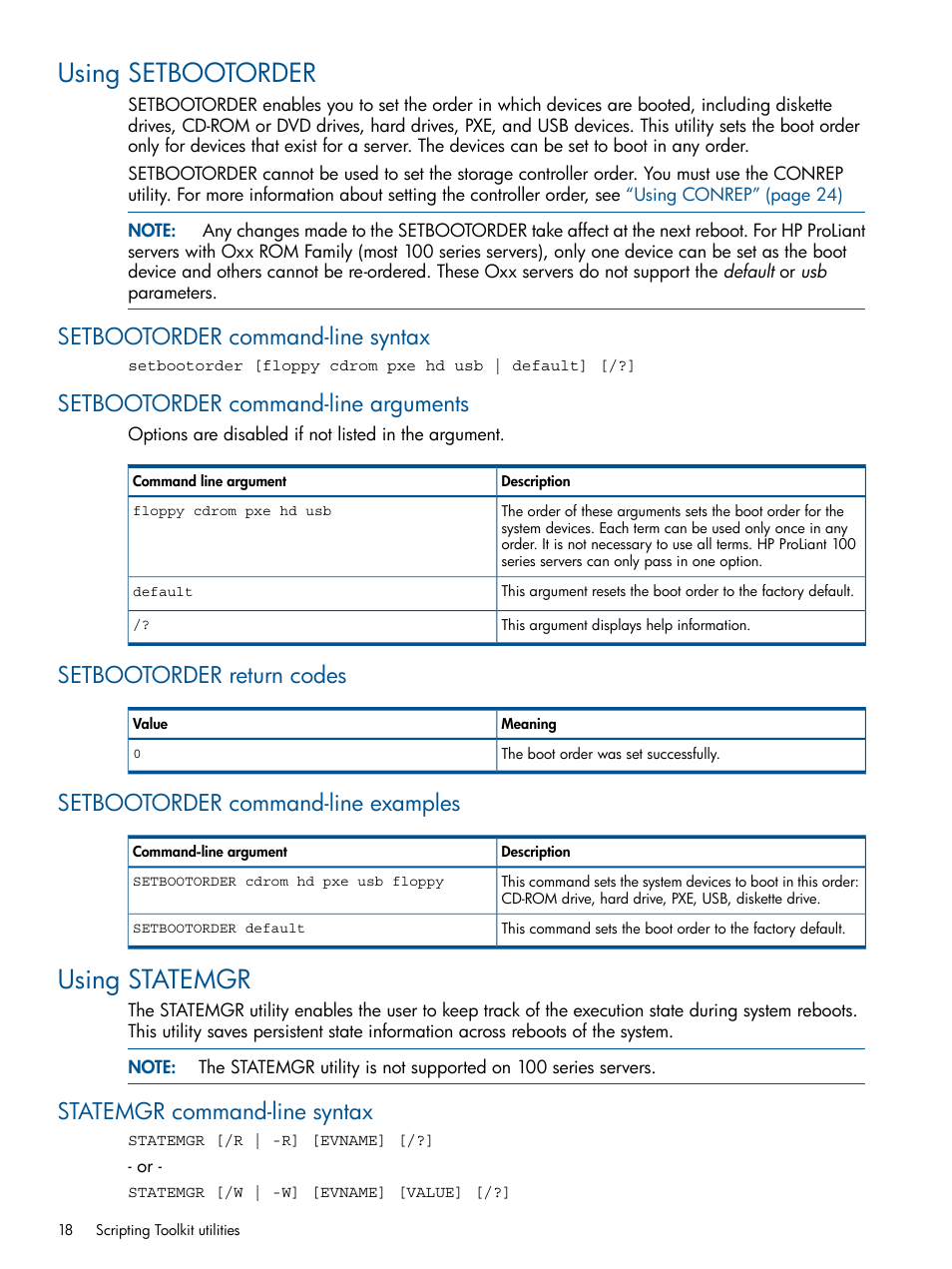 Using setbootorder, Setbootorder command-line syntax, Setbootorder command-line arguments | Setbootorder return codes, Setbootorder command-line examples, Using statemgr, Statemgr command-line syntax | HP Scripting Toolkit for Windows User Manual | Page 18 / 62